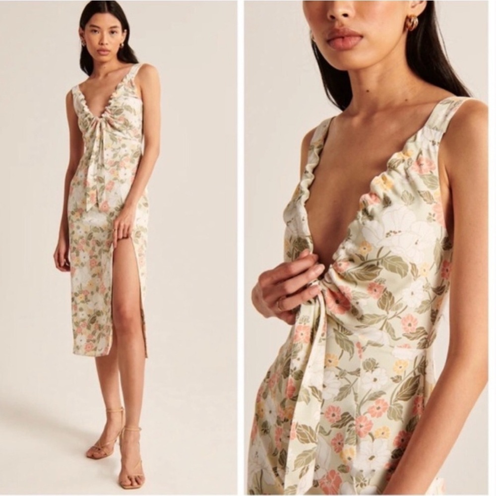 Abercrombie & Fitch White Floral Midi Dress with Pink & Green Accents